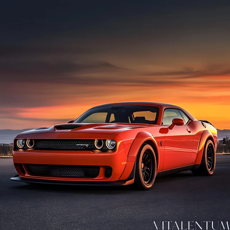 Sunset Drive with Orange Muscle Car AI Image