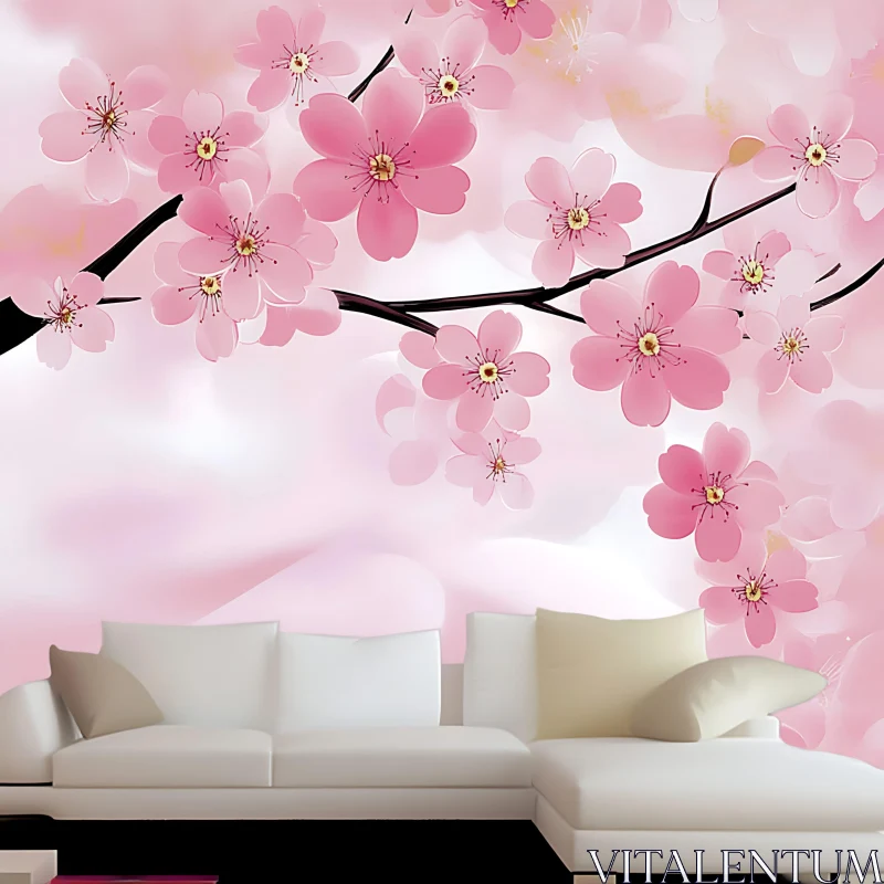 Cherry Blossom Mural in Modern Living Room AI Image