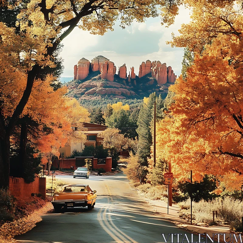 Vintage Car on Autumn Road with Red Rocks AI Image