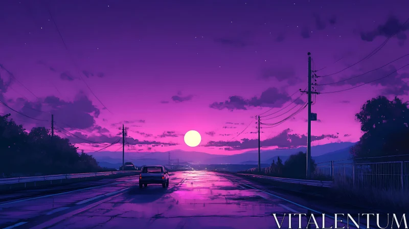 Purple Sunset Car Ride AI Image