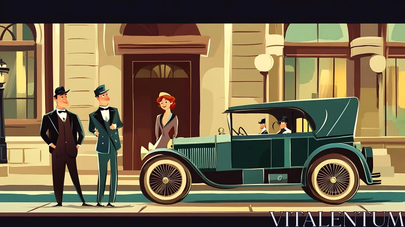 Nostalgic City Scene with Classic Car and 1920s Fashion AI Image