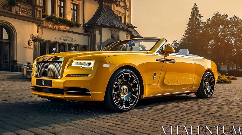 Golden Convertible in Front of Historic Building AI Image