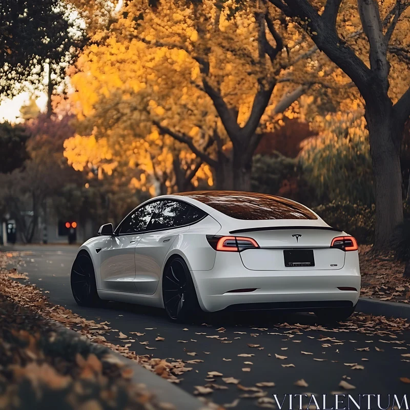 Modern Electric Vehicle in Autumn Landscape AI Image