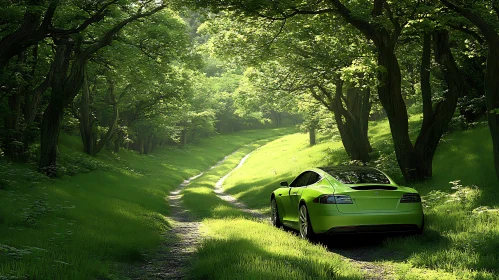 Green Car on Forest Path