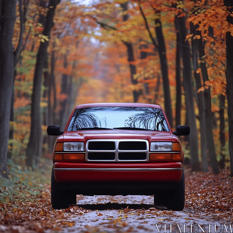 Autumn Driveway with Red Car AI Image