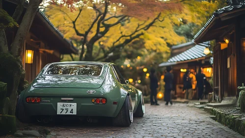 Serene Autumn Scene with Vintage Green Car