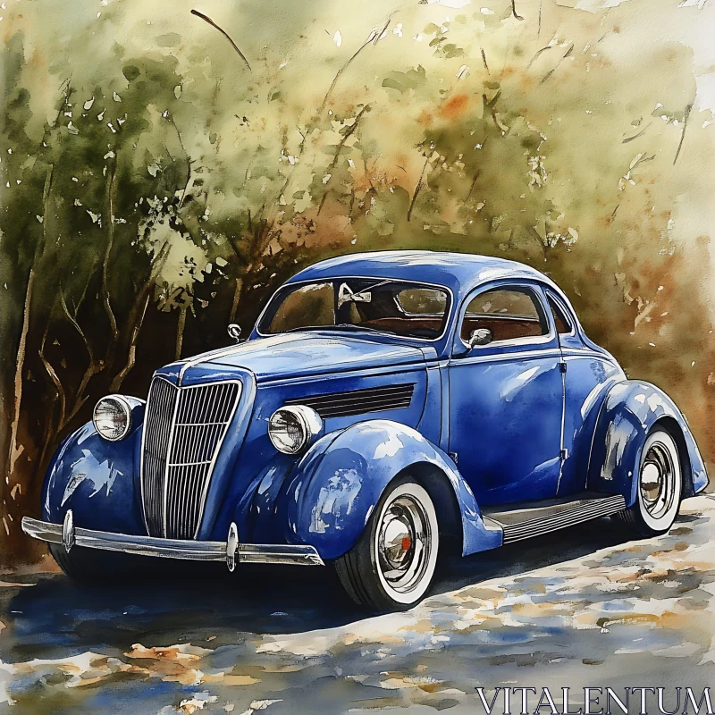 Antique Blue Car in Nature AI Image