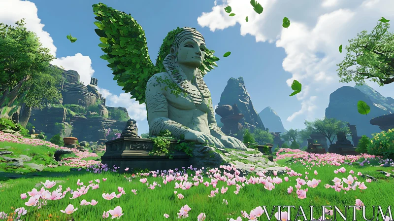 Sphinx with Green Wings in a Floral Landscape AI Image