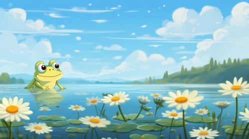 Cartoon Frog in Dreamy Daisy Lake Landscape