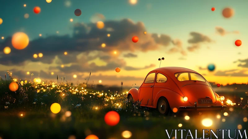 Sunset Field with a Vintage Car and Illuminated Orbs AI Image