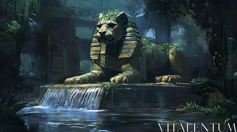 Ancient Sphinx and Waterfall in a Jungle Overgrowth AI Image