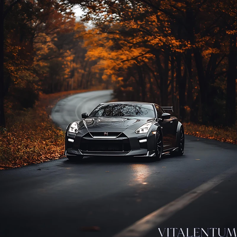 Sports Car in Autumn Forest AI Image