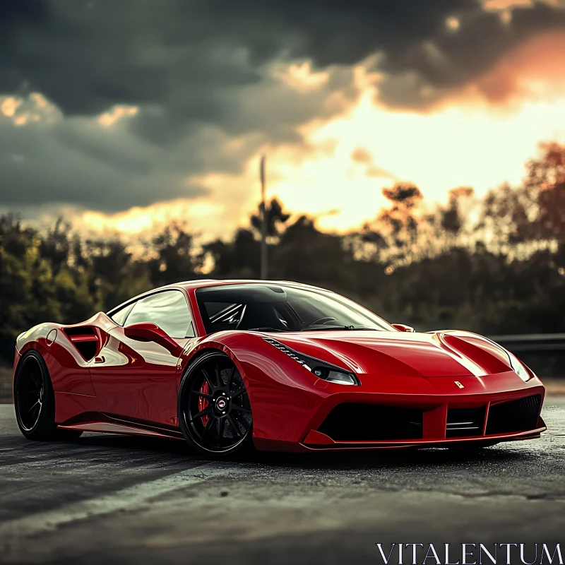 Luxury Red Sportscar in Scenic Sunset AI Image