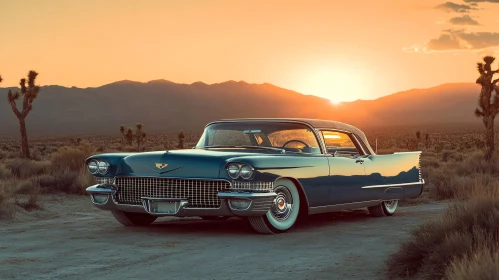 Classic Car at Sunset in Desert Landscape