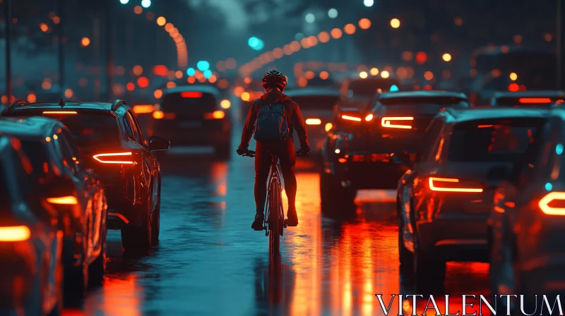 Bicycle Commute Through City Night Traffic AI Image