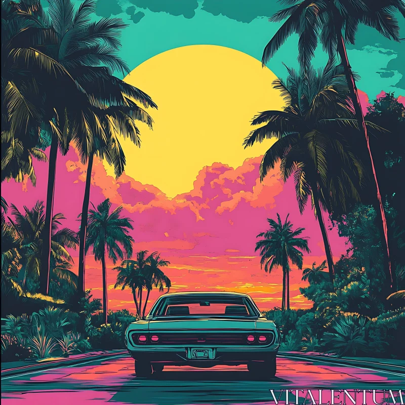 AI ART Dreamlike Car Ride With Colorful Sky and Palm Trees