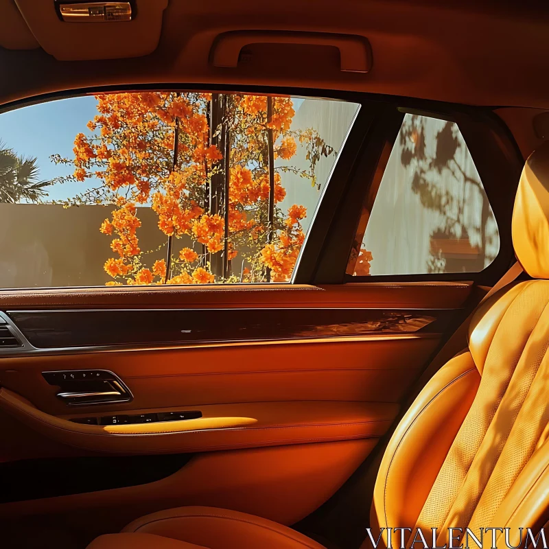 Warm Leather Car Seats & Blooming Orange Flowers AI Image