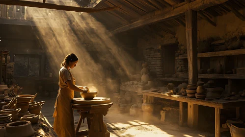 Artisan Pottery Workshop with Warm Sunlight