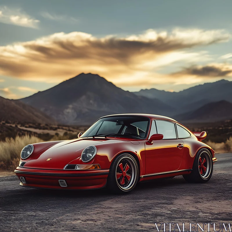 Vintage Red Car in Scenic Mountain Sunset AI Image