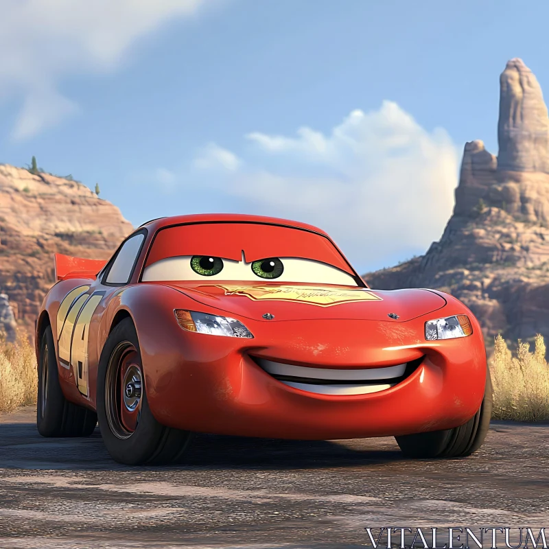 Smiling Red Cartoon Car in Desert Setting AI Image