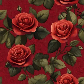 Detailed Red Roses with Green Leaves Against Red Background