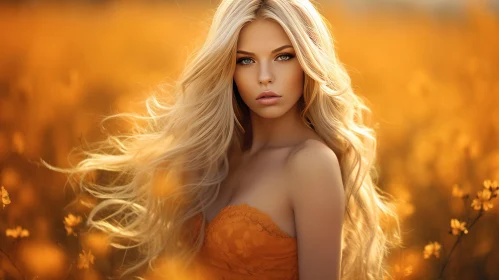 Beautiful Blonde Woman in Orange Field - Textural Sensations and Body Extensions