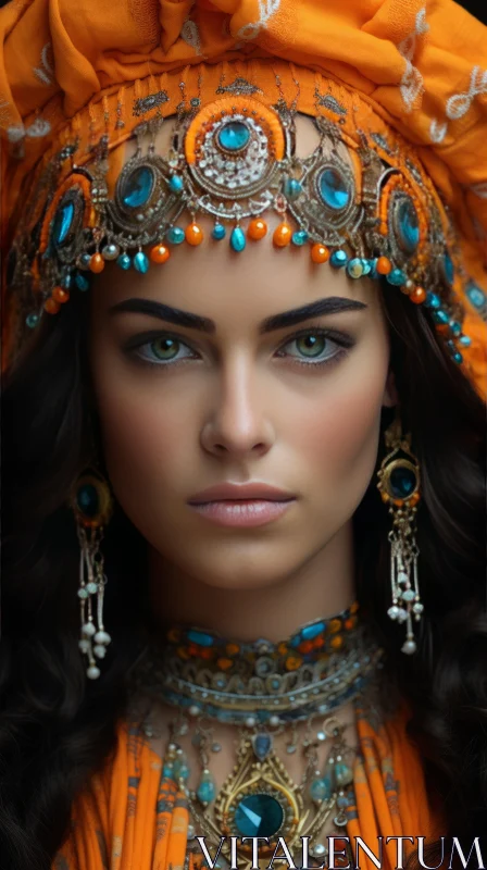 Captivating Beauty: An Orange Turbaned Woman with Turquoise Stones AI Image