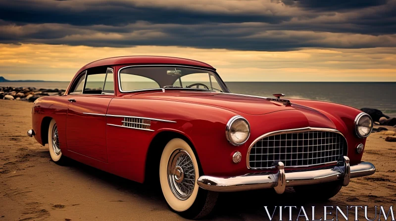 Classic Elegance: Vintage Red Car on a Beach under Gray Clouds AI Image