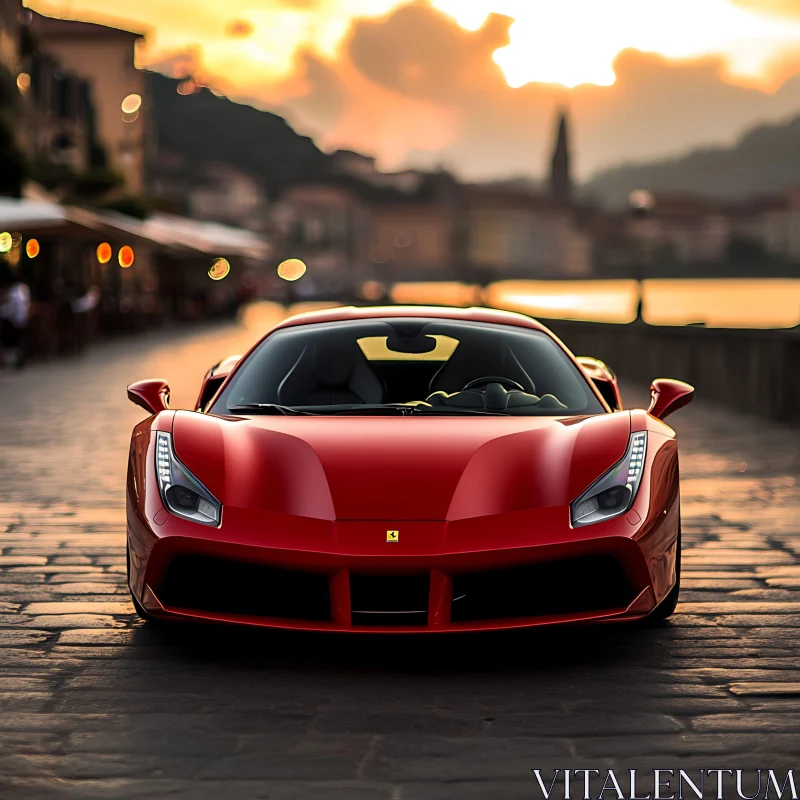 Sunset Illuminating Red Sports Car AI Image