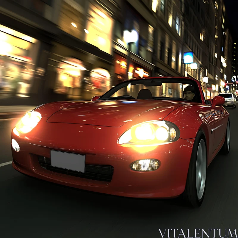 Night Drive of a Red Convertible in Urban Setting AI Image