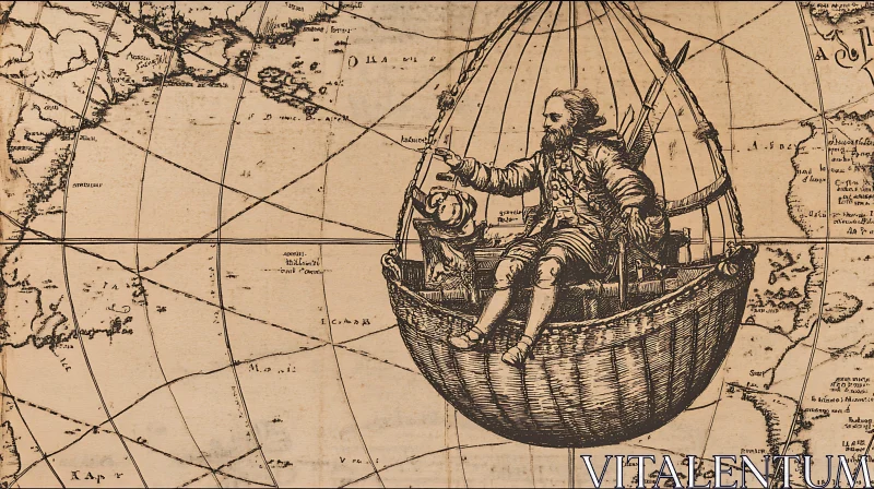 Antique World Map with Hot Air Balloon and Explorer AI Image