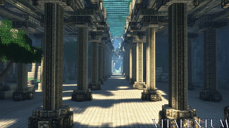 Serene Stone Corridor with Sunlit Columns AI Image