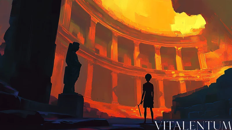 Grand Ancient Ruins with Child Silhouette AI Image