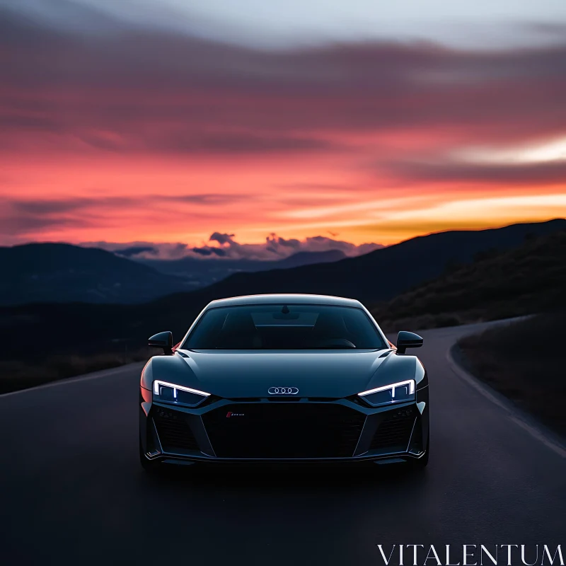 Black Sports Car On Scenic Mountain Road During Sunset AI Image