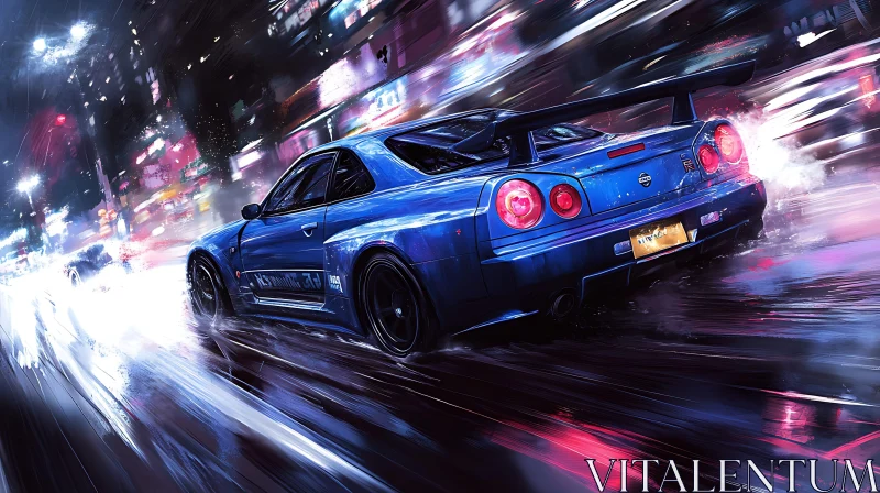 Night Drive: Blue Sports Car in Urban Rain AI Image