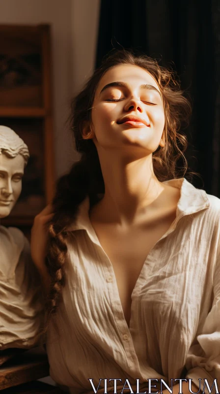 Young Woman Posing with a Sculpture of a Philosopher | Organic Sculpting AI Image