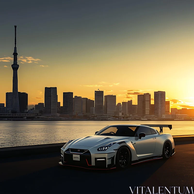 Car with City Skyline at Sunset AI Image