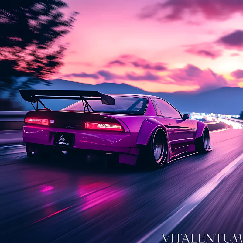 Purple Sports Car and Scenic Sunset AI Image