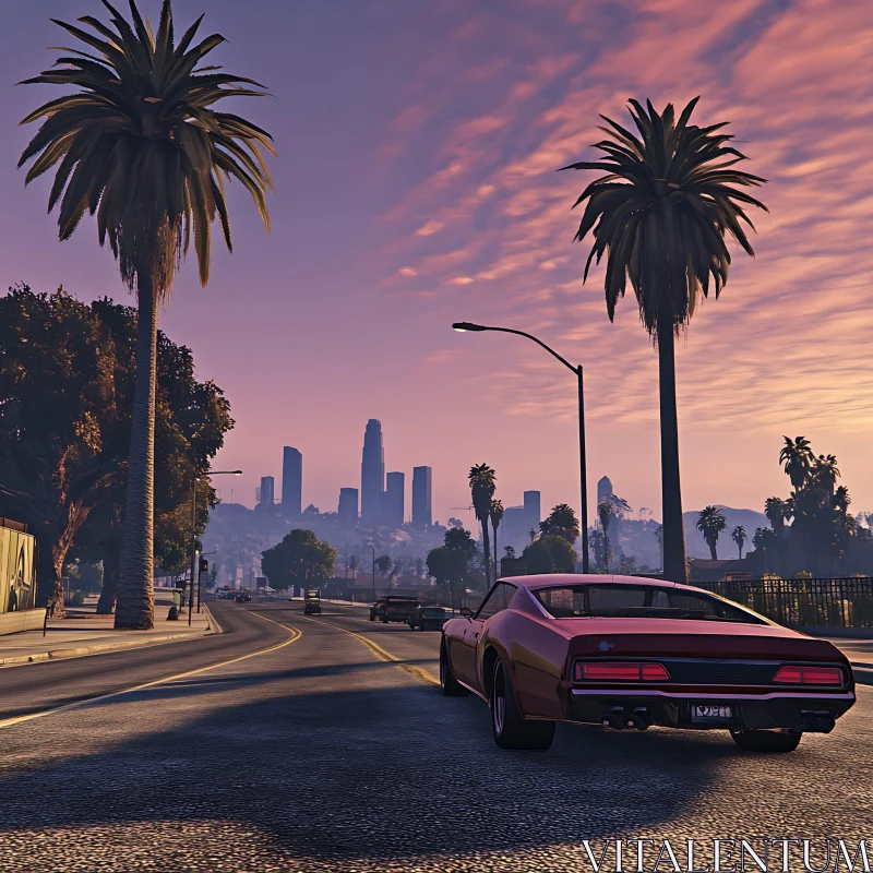 Sunset Drive with Classic Muscle Car AI Image