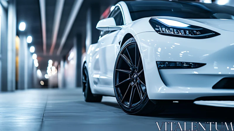 Luxury White Car in Urban Parking Garage AI Image