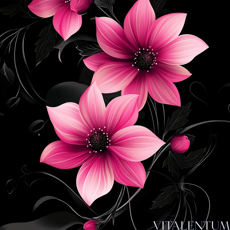 Elegant Pink Blossoms on Black Canvas AI Image