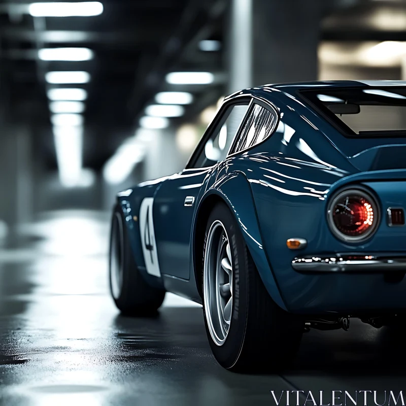 Vintage Blue Car in a Modern Garage Setting AI Image