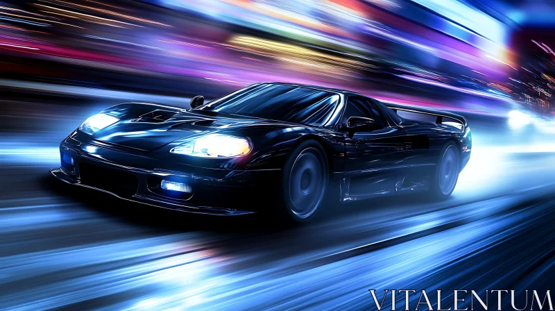 Black Sports Car in Motion at Night AI Image