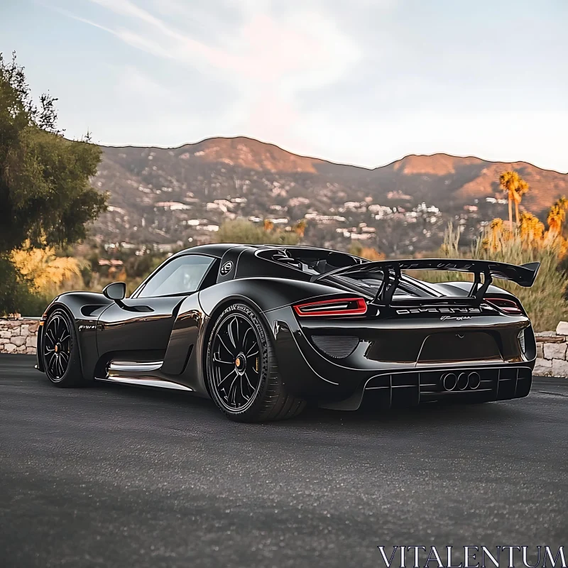 Luxurious Black Supercar Near Mountains AI Image