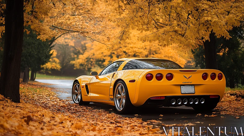 Yellow Sports Car Amidst Autumn Leaves AI Image