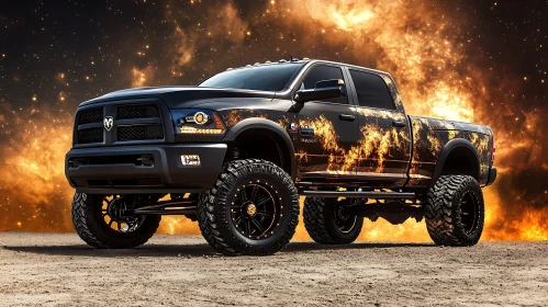 Black Pickup Truck with Fire Themed Design in Space