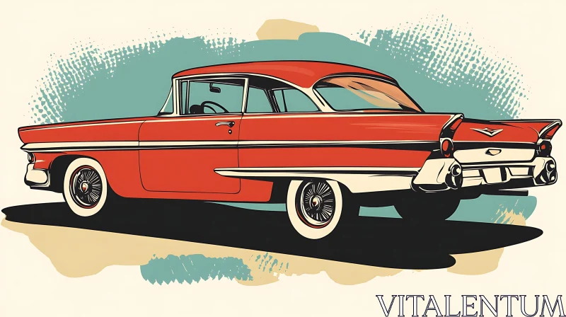 Vintage Red Car Illustration | Retro Art Style AI Image