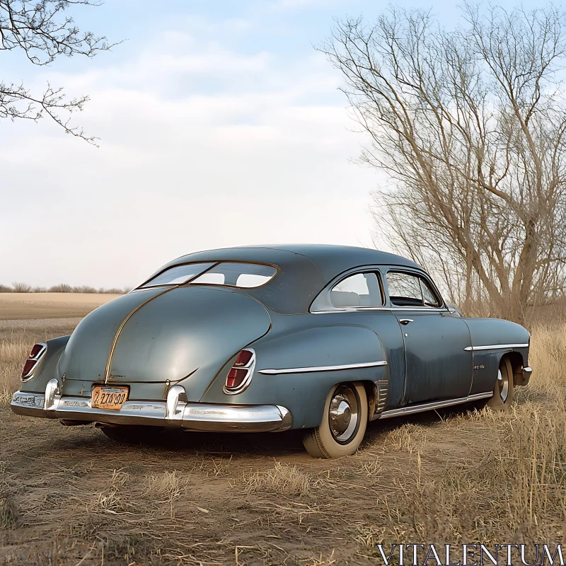 Classic Blue Car Parked Amidst Dry Grass AI Image