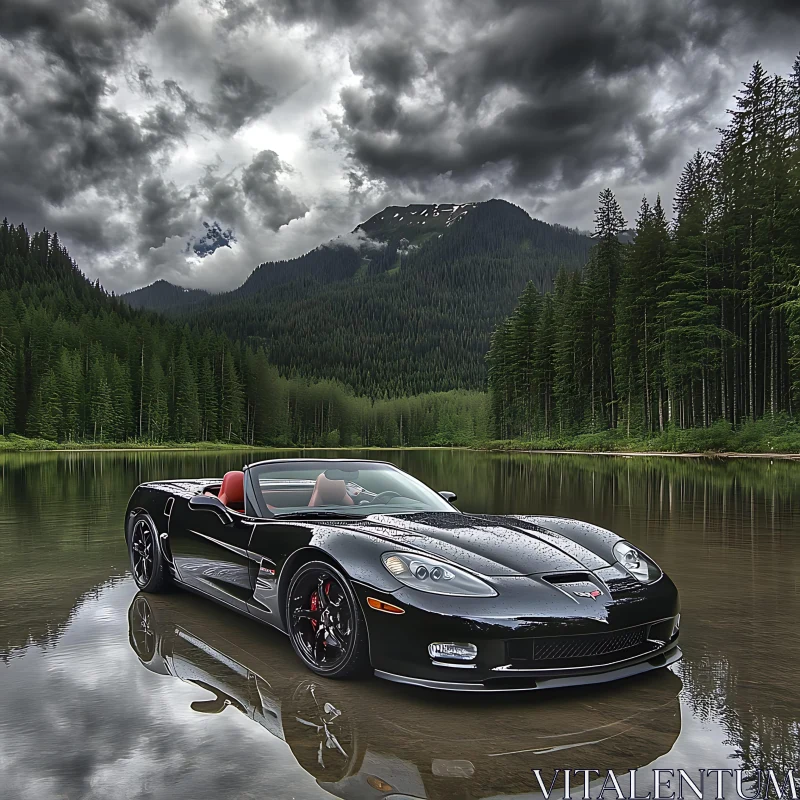 Black Convertible Car Amidst Mountainous Forest Landscape AI Image