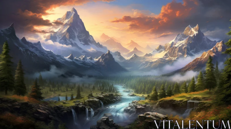 Mountain Waterfall Landscape - A Digital Fantasy AI Image